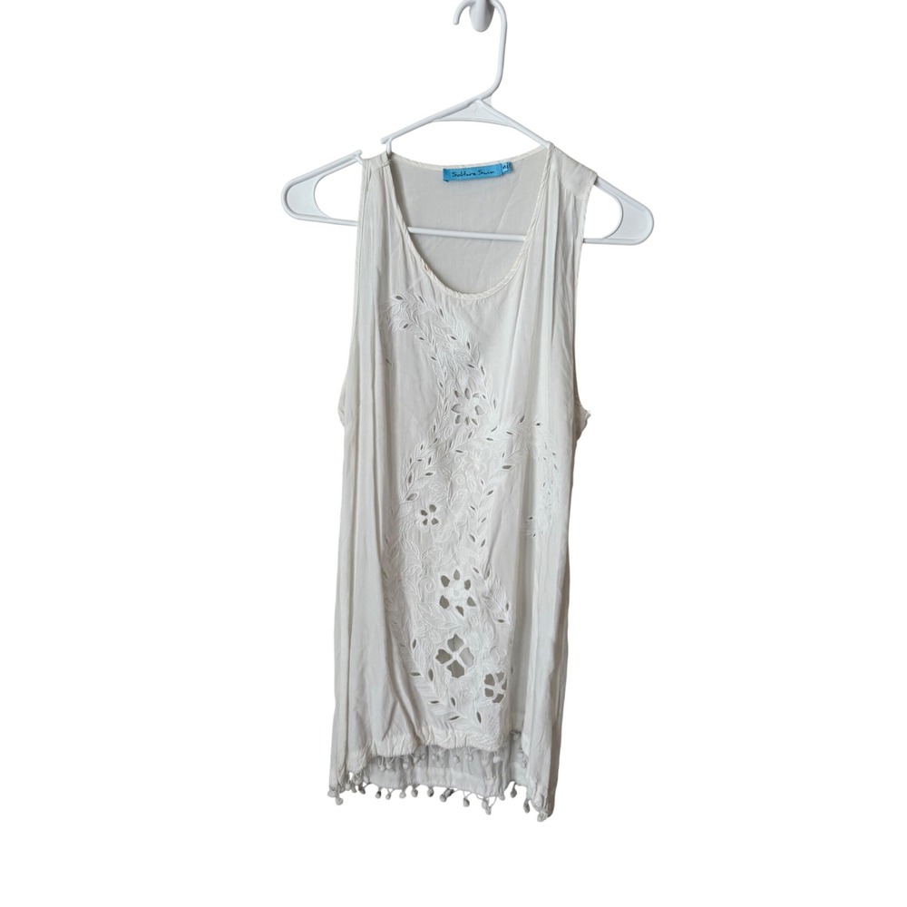 Solitaire Swim White Eyelet Embroidered Tassel Hem Sleeveless Tunic Cover Up S